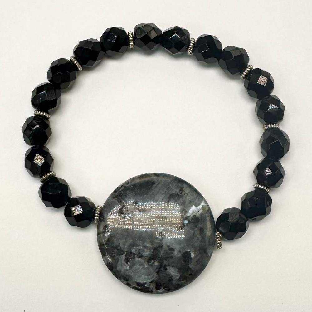 Black Beaded Bracelet with Stone Accent - S/M